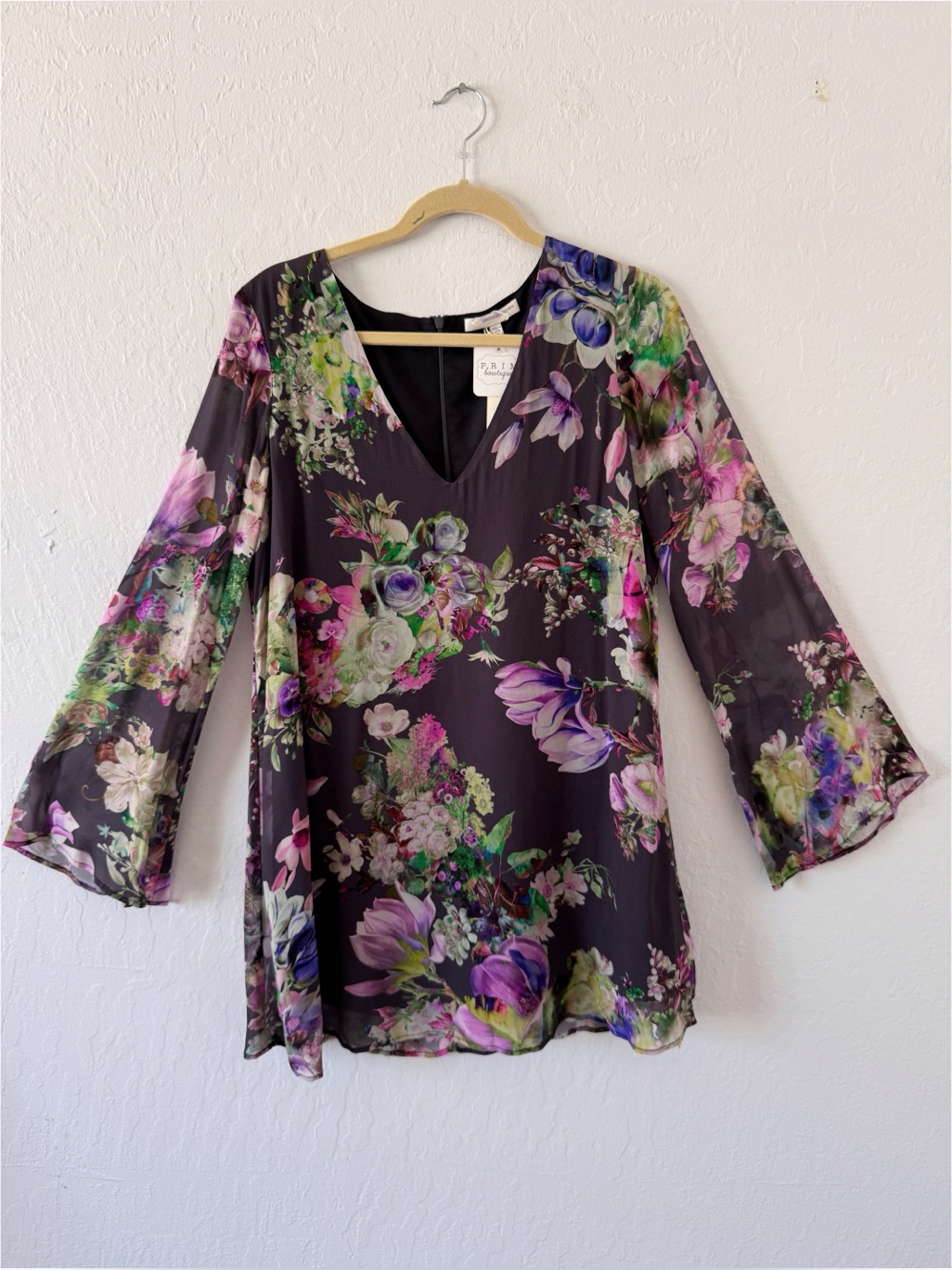 Lavender Brown Purple Floral V-Neck Sheer Sleeve Dress V-Neck Small